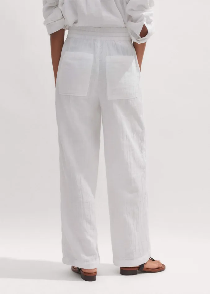 Women Cheesecloth Drawstring Hem Pant Soft White MEEM