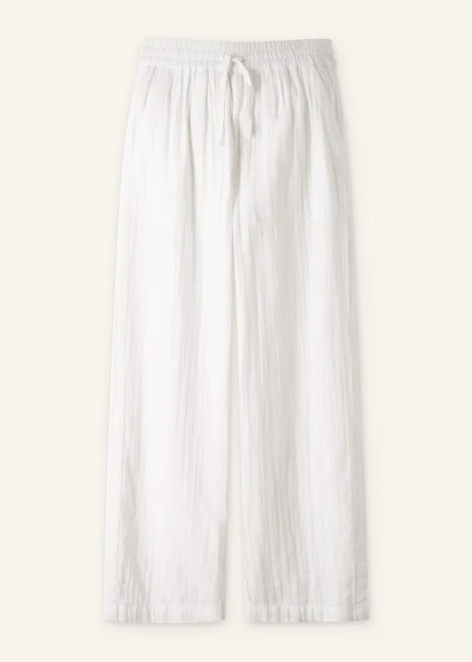 Women Cheesecloth Drawstring Hem Pant Soft White MEEM