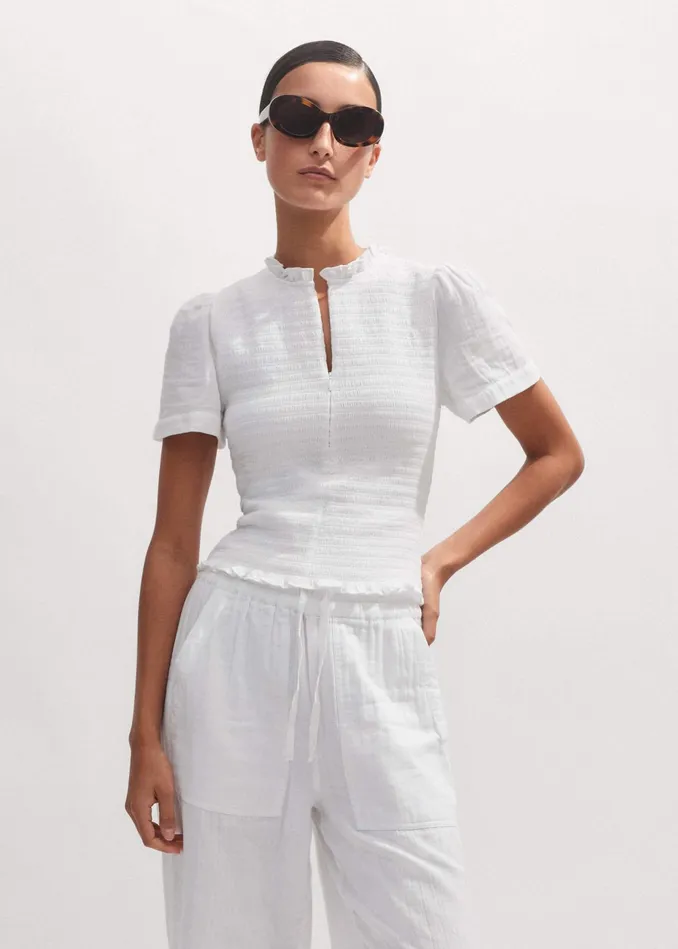 Women Cheesecloth Shirred Zip Top Soft White MEEM