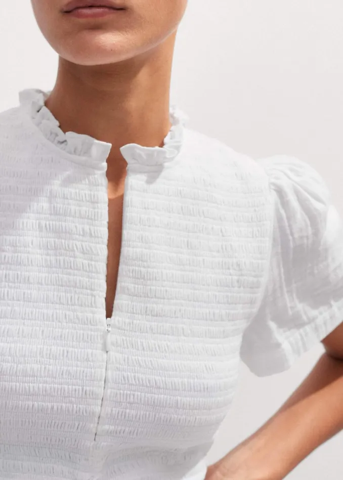 Women Cheesecloth Shirred Zip Top Soft White MEEM