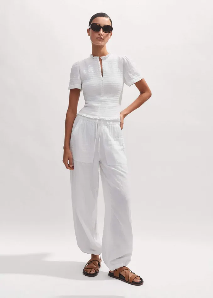 Women Cheesecloth Shirred Zip Top Soft White MEEM