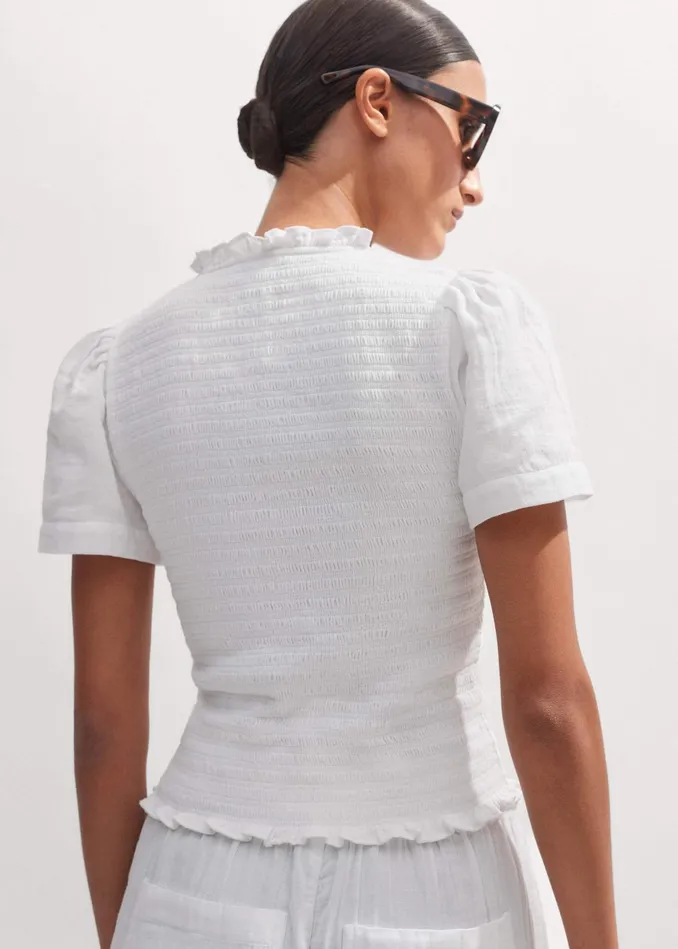 Women Cheesecloth Shirred Zip Top Soft White MEEM