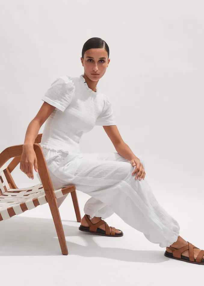 Women Cheesecloth Shirred Zip Top Soft White MEEM