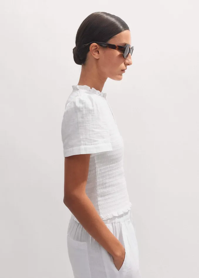 Women Cheesecloth Shirred Zip Top Soft White MEEM