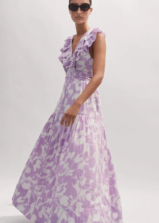 Women Cheesecloth Tulip Print FullLength Dress Soft Whitesherbet Lilac MEEM