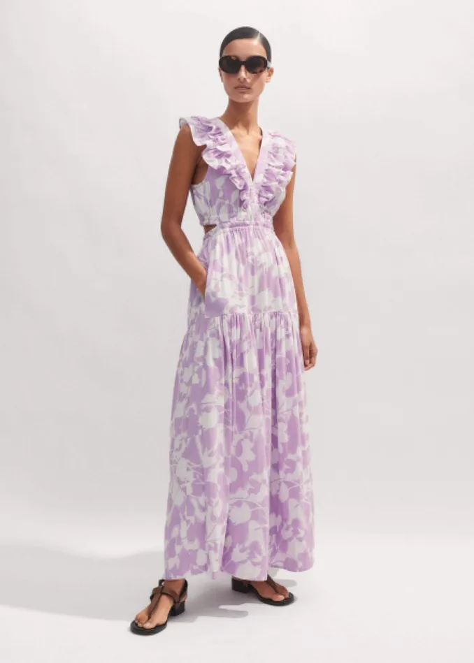 Women Cheesecloth Tulip Print FullLength Dress Soft Whitesherbet Lilac MEEM