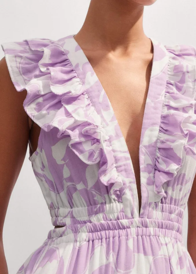 Women Cheesecloth Tulip Print FullLength Dress Soft Whitesherbet Lilac MEEM