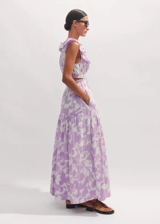 Women Cheesecloth Tulip Print FullLength Dress Soft Whitesherbet Lilac MEEM