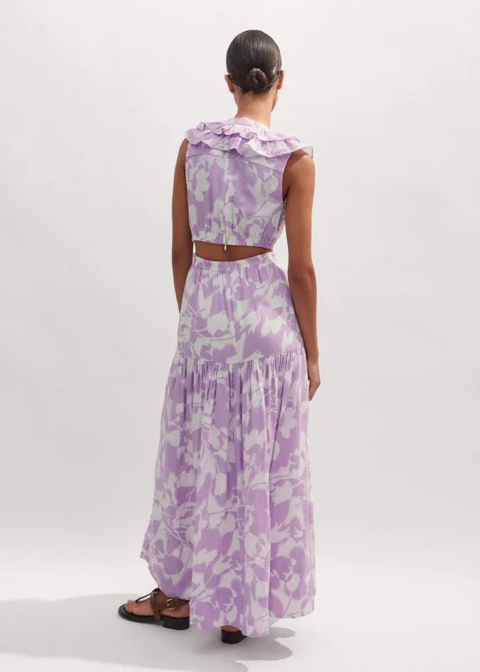Women Cheesecloth Tulip Print FullLength Dress Soft Whitesherbet Lilac MEEM