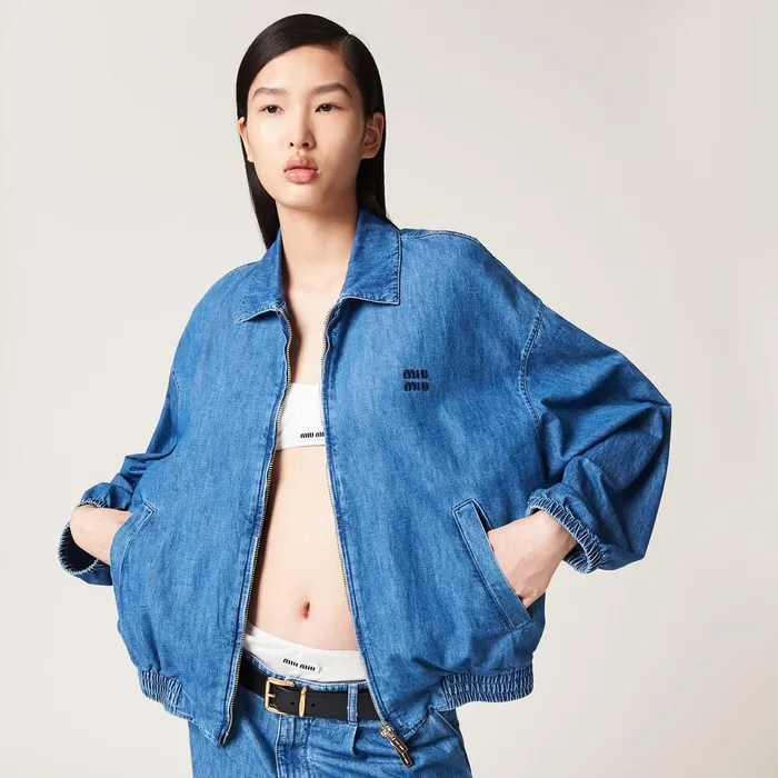 Women Coats And Jackets Miu Miu Chambray Blouson Jacket Sapphire Blue Women Coats And Jackets Miu Miu Chambray Blouson Jacket Sapphire Blue