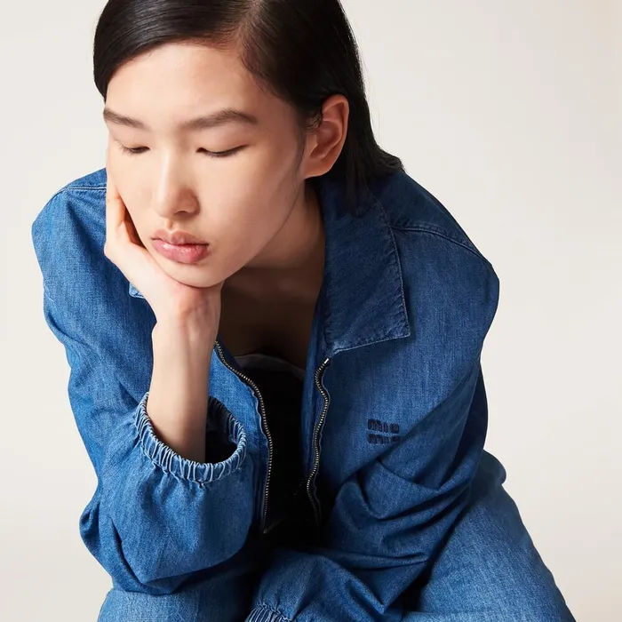 Women Coats And Jackets Miu Miu Chambray Blouson Jacket Sapphire Blue Women Coats And Jackets Miu Miu Chambray Blouson Jacket Sapphire Blue