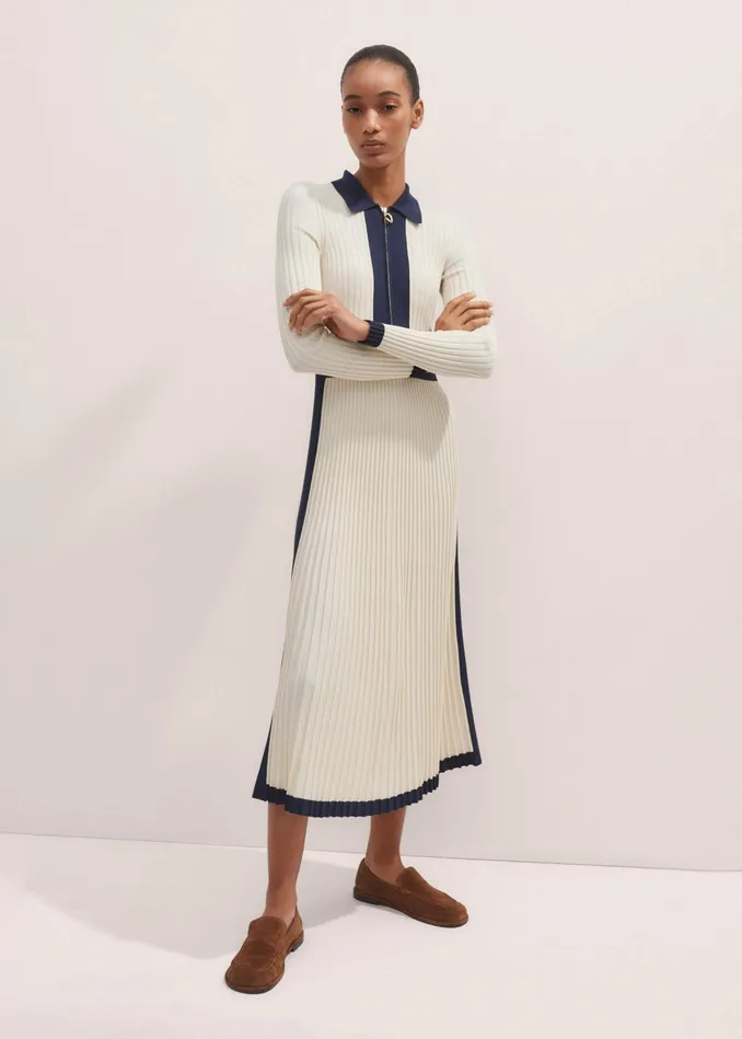 Women Collared Contrast Panel Maxi Dress Creamnavy MEEM