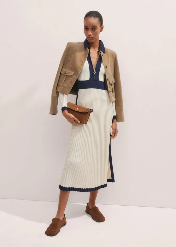 Women Collared Contrast Panel Maxi Dress Creamnavy MEEM