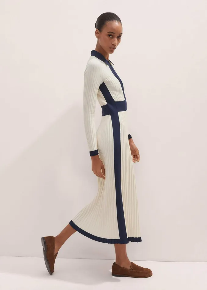 Women Collared Contrast Panel Maxi Dress Creamnavy MEEM