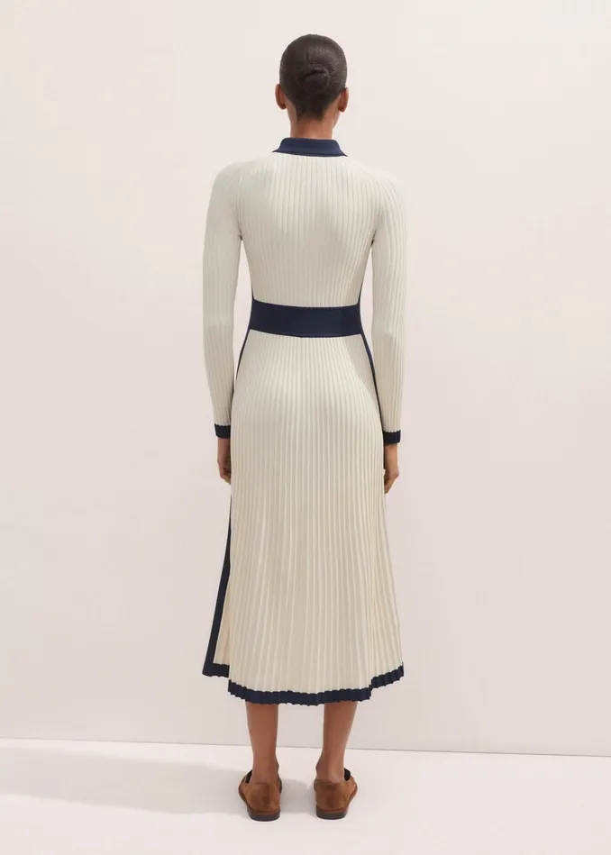 Women Collared Contrast Panel Maxi Dress Creamnavy MEEM