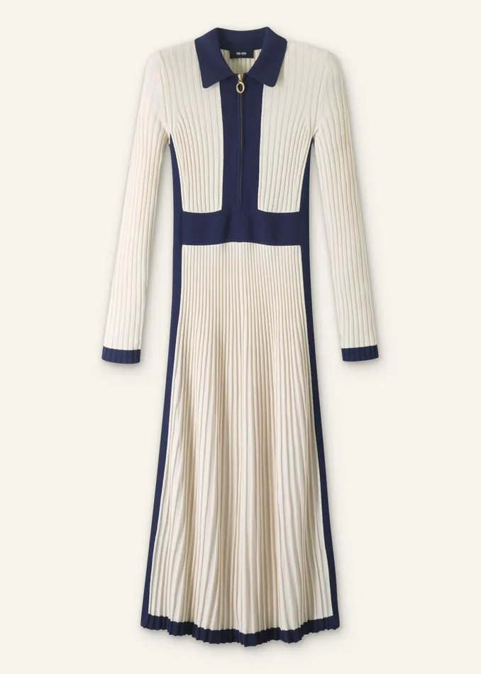 Women Collared Contrast Panel Maxi Dress Creamnavy MEEM