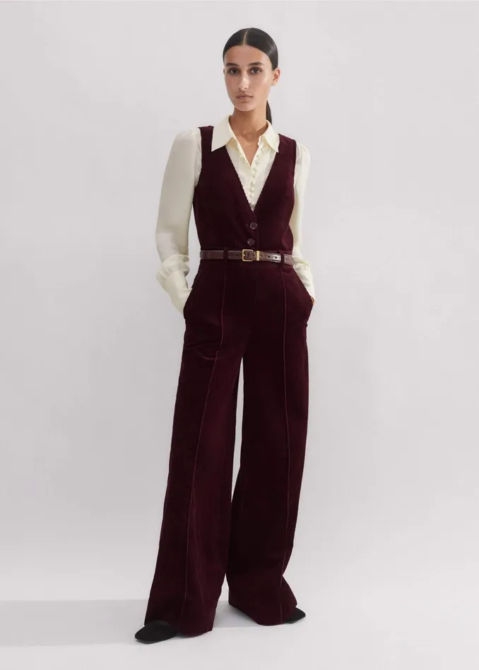 Women Cord WideLeg Layering Jumpsuit Deep Merlot MEEM