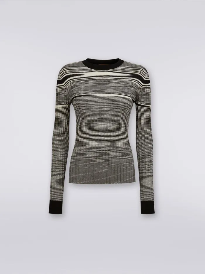 Women CrewNeck NarrowRibbed Pullover In Cashmere And Silk Black and White Missoni Tshirts And Tops
