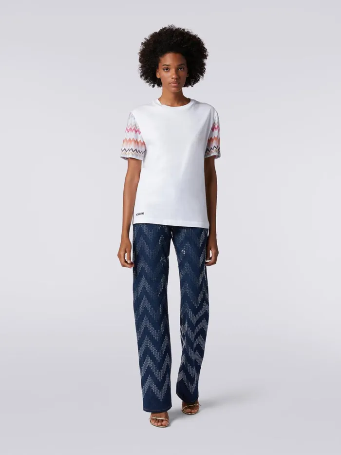 Women CrewNeck TShirt In Cotton With Zigzag Inserts Multicoloured Missoni Tshirts And Tops