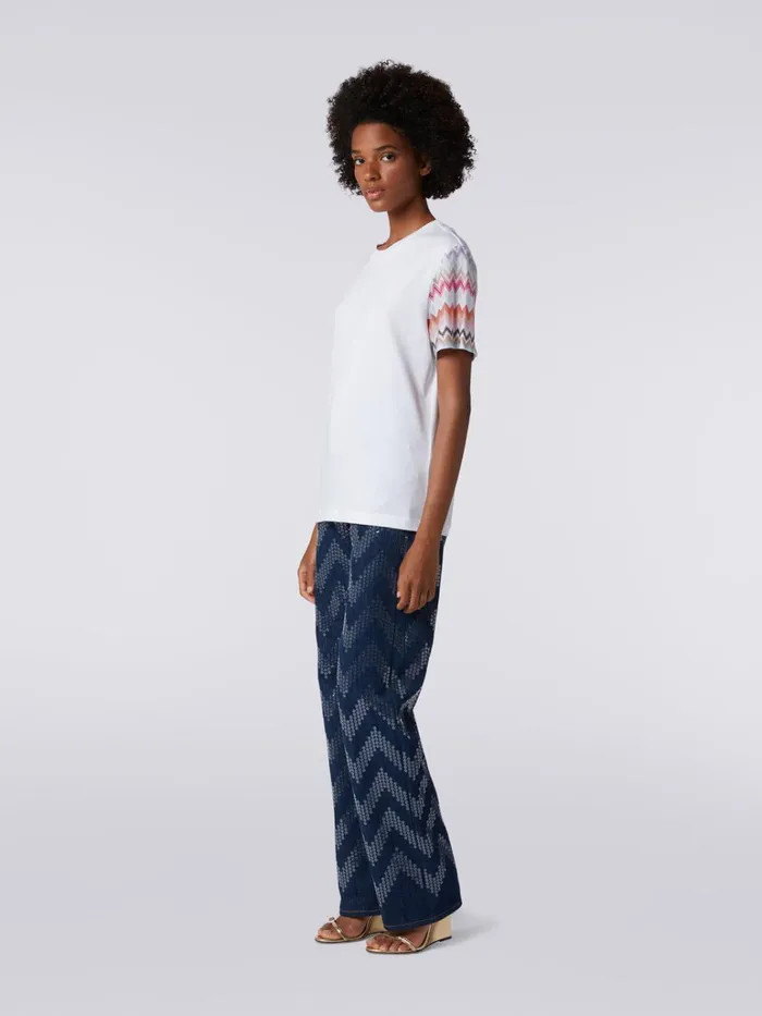 Women CrewNeck TShirt In Cotton With Zigzag Inserts Multicoloured Missoni Tshirts And Tops