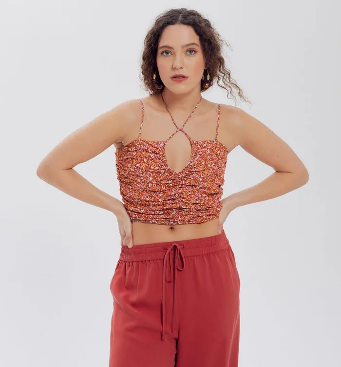 Women Cropped Smocked Top 8211 Multicolour Print Promod Tops