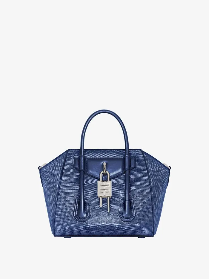 Women Crossbody Bags Givenchy Mini Antigona Lock Bag In Satin With Strass Petrol Blue