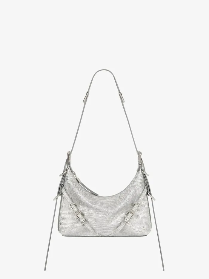 Women Crossbody Bags Givenchy Mini Voyou Bag In Satin With Strass And Leather Silvery Grey