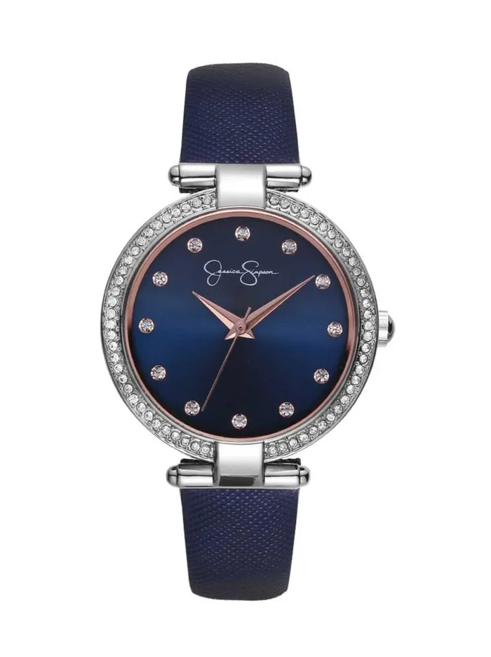 Women Crystal Bezel Navy Strap Watch In Silver Tone Jessica Simpson Watches