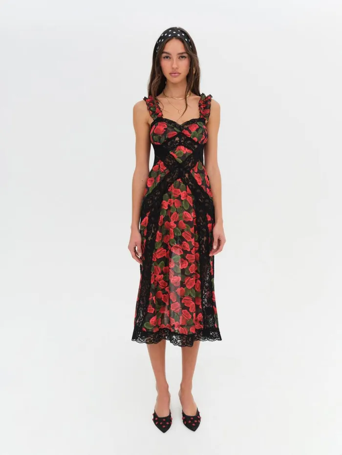 Women Dresses For Love and Lemons Varvera Sheer Midi Dress Red