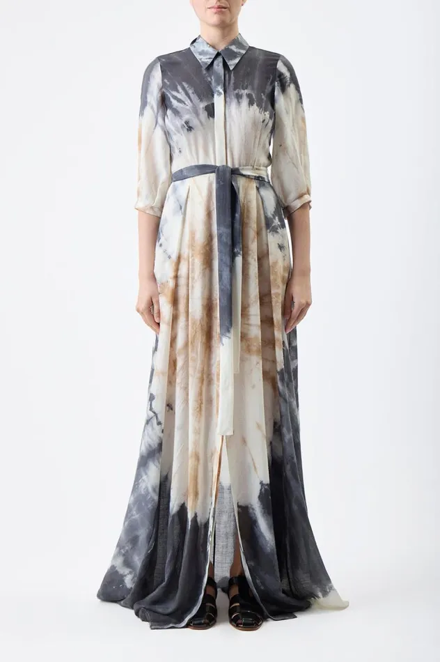 Women Dresses Gabriela Hearst Daisy Pleated Shirtdress In Camel Multi Tie Dye Cashmere Silk Gauze