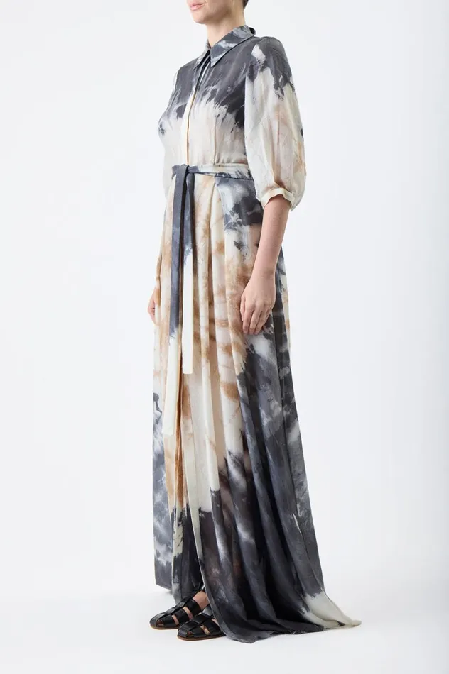 Women Dresses Gabriela Hearst Daisy Pleated Shirtdress In Camel Multi Tie Dye Cashmere Silk Gauze
