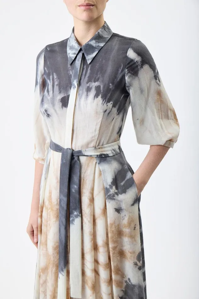 Women Dresses Gabriela Hearst Daisy Pleated Shirtdress In Camel Multi Tie Dye Cashmere Silk Gauze