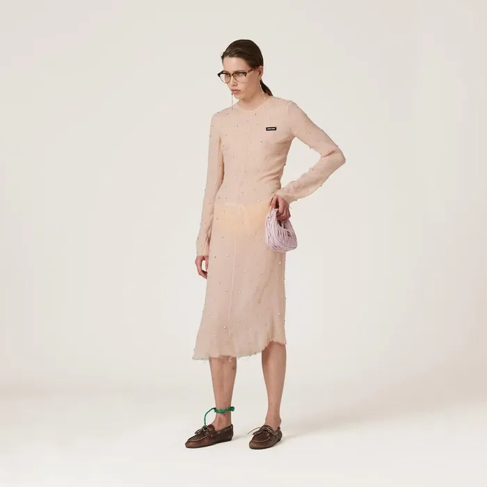 Women Dresses Miu Miu Embroidered Chiffon Dress Peach Women Dresses Miu Miu Embroidered Chiffon Dress Peach