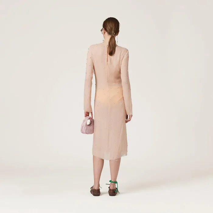 Women Dresses Miu Miu Embroidered Chiffon Dress Peach Women Dresses Miu Miu Embroidered Chiffon Dress Peach