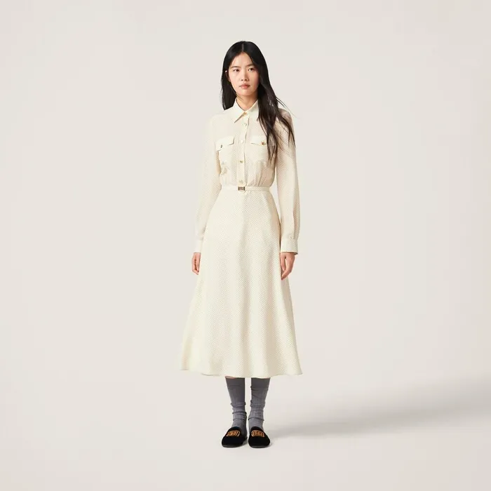 Women Dresses Miu Miu Long Crepe De Chine Dress Ivoryblack Women Dresses Miu Miu Long Crepe De Chine Dress Ivoryblack