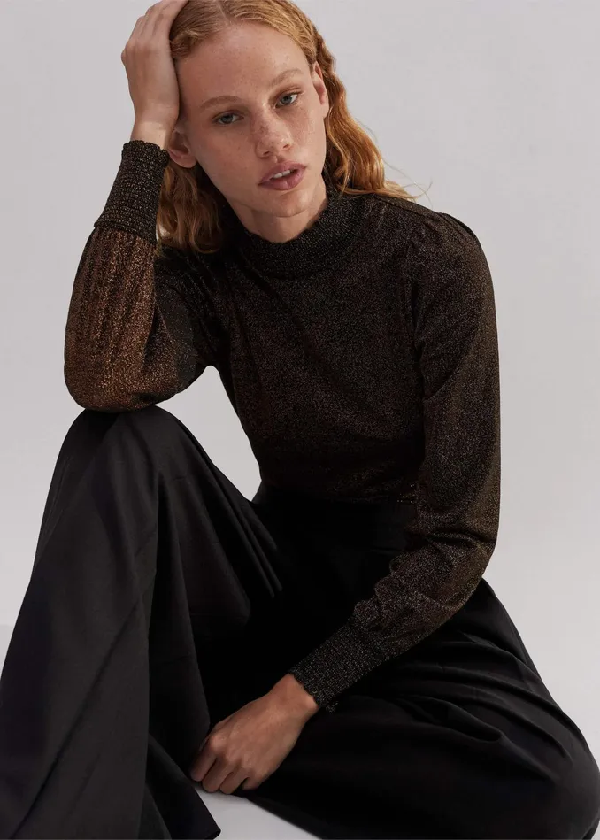 Women Engineered Rib Trim Metallic Top Blackbronze MEEM