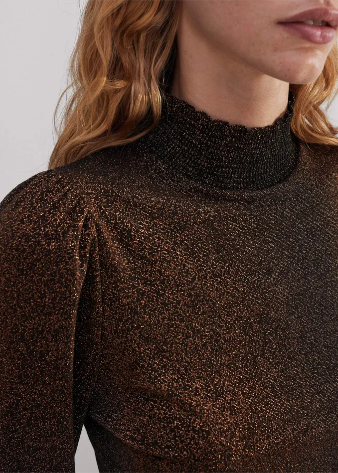 Women Engineered Rib Trim Metallic Top Blackbronze MEEM