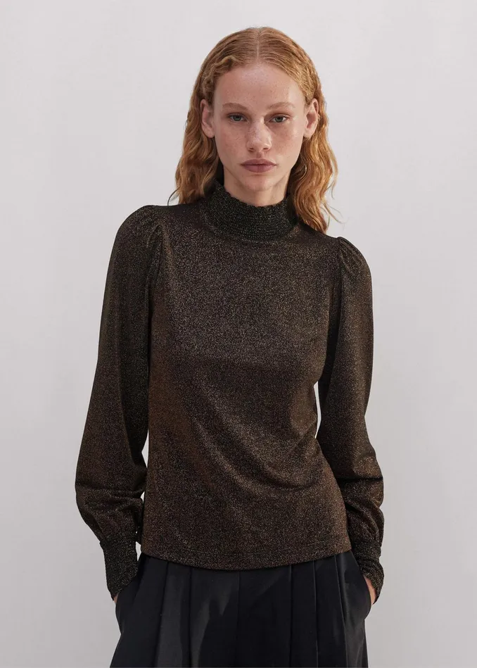 Women Engineered Rib Trim Metallic Top Blackbronze MEEM