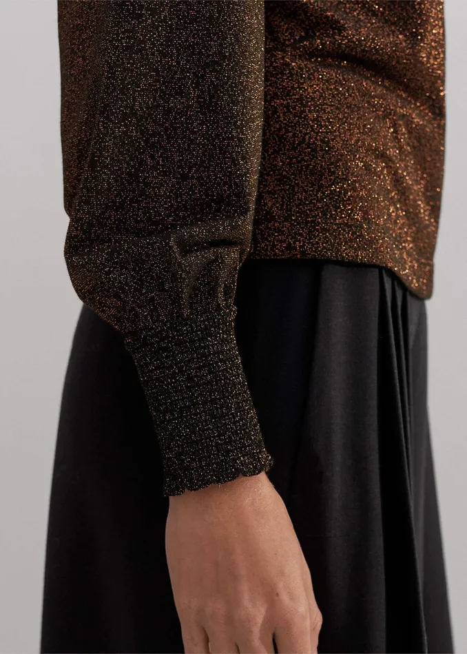 Women Engineered Rib Trim Metallic Top Blackbronze MEEM