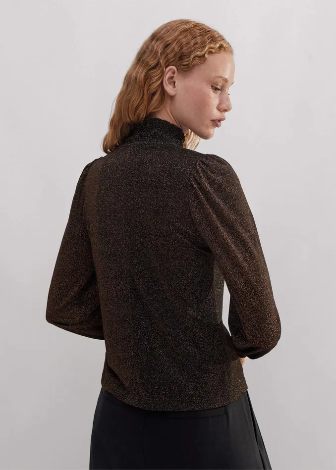 Women Engineered Rib Trim Metallic Top Blackbronze MEEM