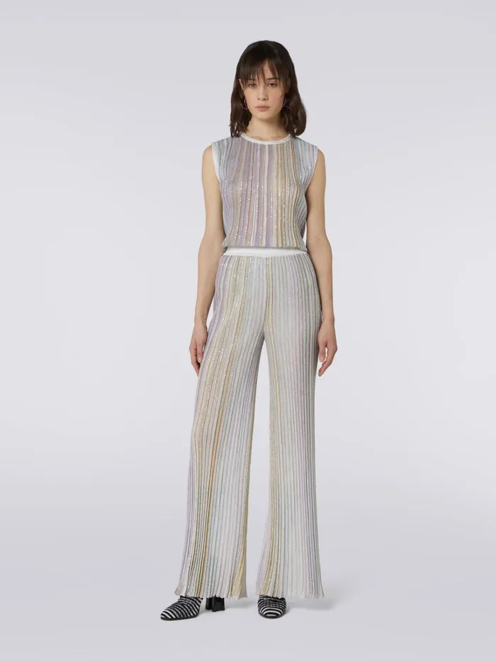 Women Flared Pleated Viscose Blend Trousers With Sequins Multicoloured Missoni Trousers Women Flared Pleated Viscose Blend Trousers With Sequins Multicoloured Missoni Trousers