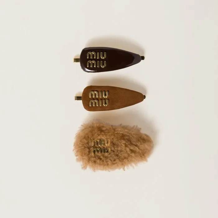 Women Headbands And Hair Accessories Miu Miu Set Of Leather Suede And Shearling Hair Clips Briarwood
