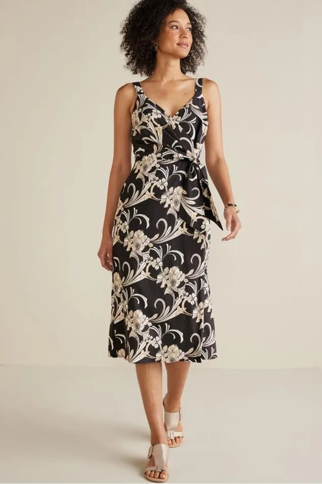 Women Isla Stretch Linen Midi Dress Golden Botanicals Soft Surroundings Dresses