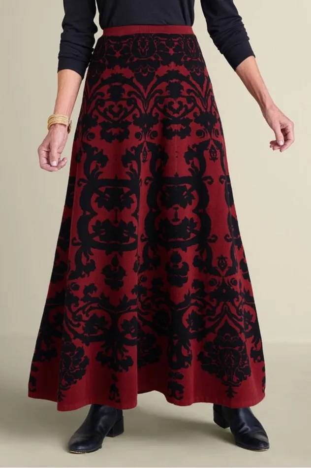 Women Jacobean Sweater Skirt Red Baroque Soft Surroundings Skirts