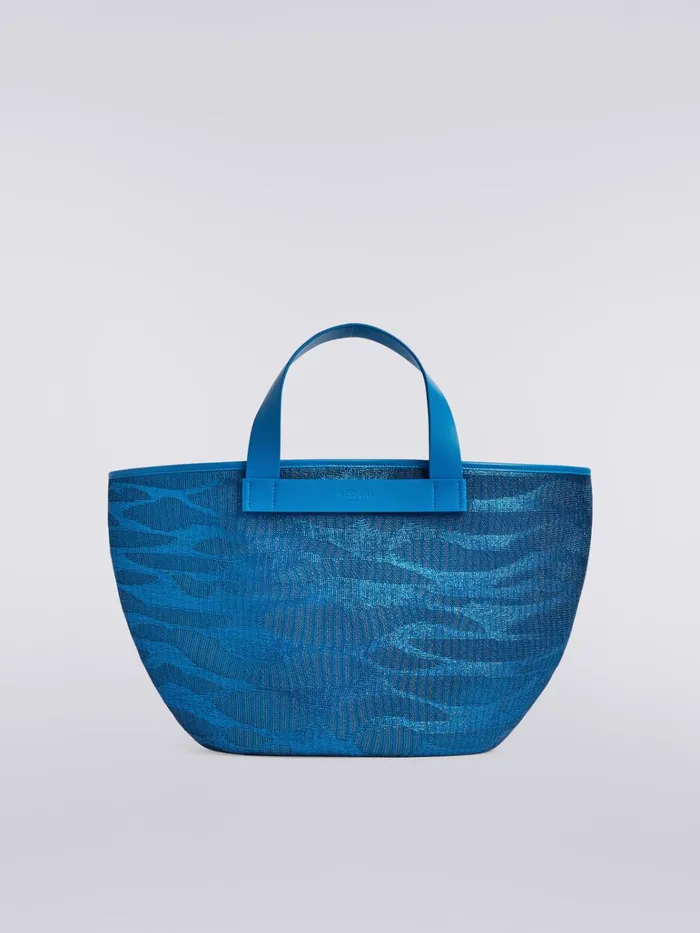 Women Jacquard Viscose Knit Tote With Leather Handles Blue Missoni Bags