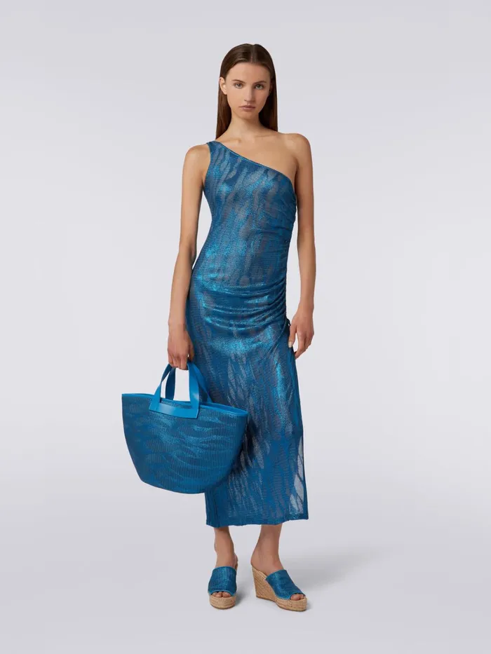 Women Jacquard Viscose Knit Tote With Leather Handles Blue Missoni Bags Women Jacquard Viscose Knit Tote With Leather Handles Blue Missoni Bags