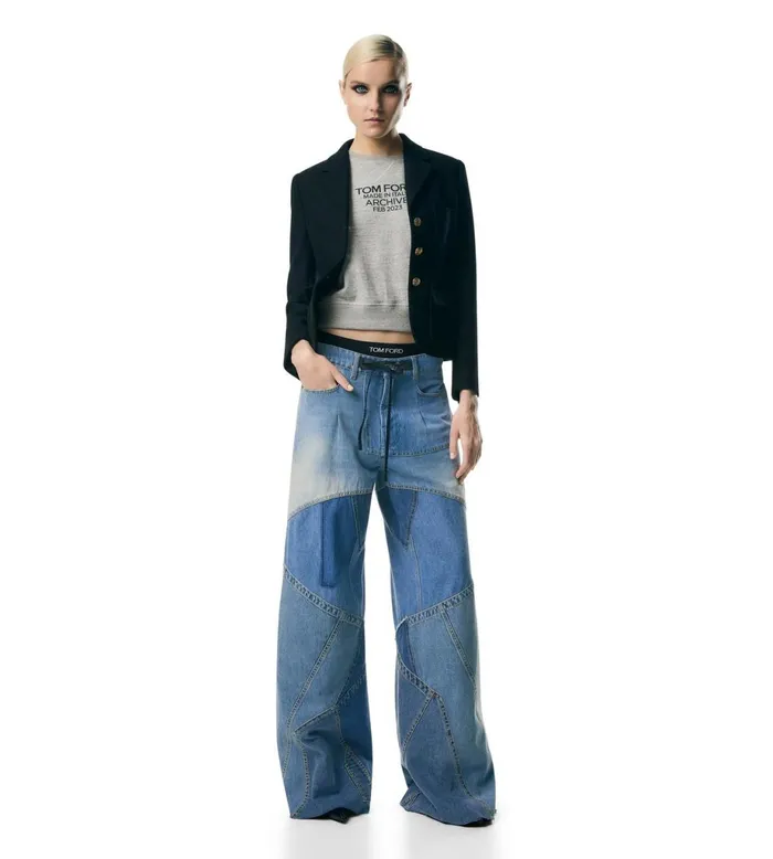 Women Jeans Tom Ford Vintage Patchwork Denim Wide Leg Pants Combo Blue Women Jeans Tom Ford Vintage Patchwork Denim Wide Leg Pants Combo Blue