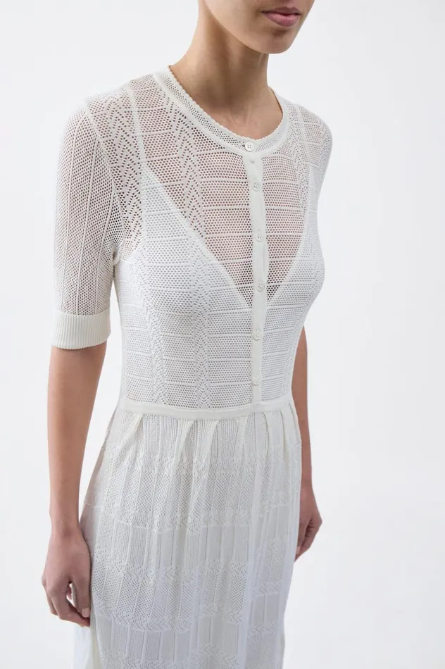 Women Knitwear Gabriela Hearst Iris Pointelle Knit Pleated Dress With Slip In Ivory Cotton Silk