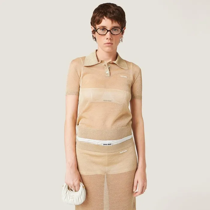 Women Knitwear Miu Miu Lam Knit Polo Shirt Gold Women Knitwear Miu Miu Lam Knit Polo Shirt Gold
