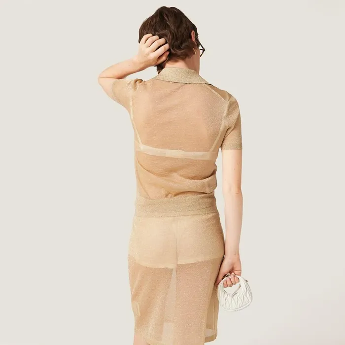 Women Knitwear Miu Miu Lam Knit Polo Shirt Gold Women Knitwear Miu Miu Lam Knit Polo Shirt Gold